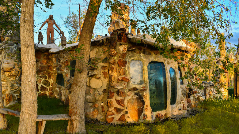 Thunder Mountain Monument Nevada stone home with car windshield windows