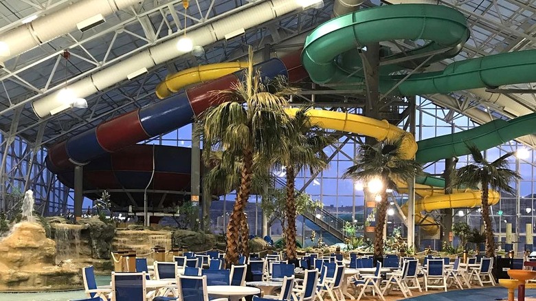 Indoor waterpark featuring slides, chairs, and palm trees