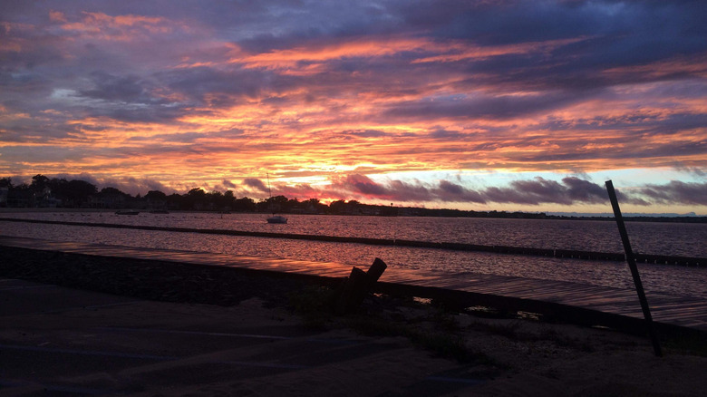 Sunset on water and boardwalk in Ocean Gate, New Jersey