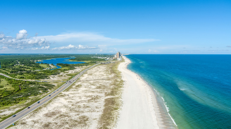 Aerial view toward Orange Beach and Gulf State Park in Alabama