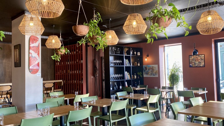The dining room of a restaurant in St. Jean-de-Luz, France