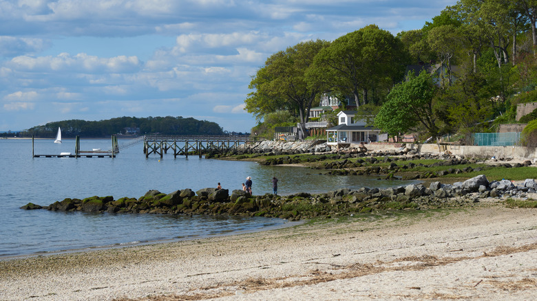 Centerport Beach on Long Island, New York, with rocky outcrops
