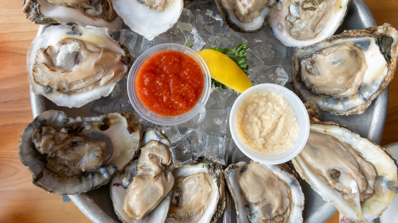 An overhead shot of raw oysters on the half shell