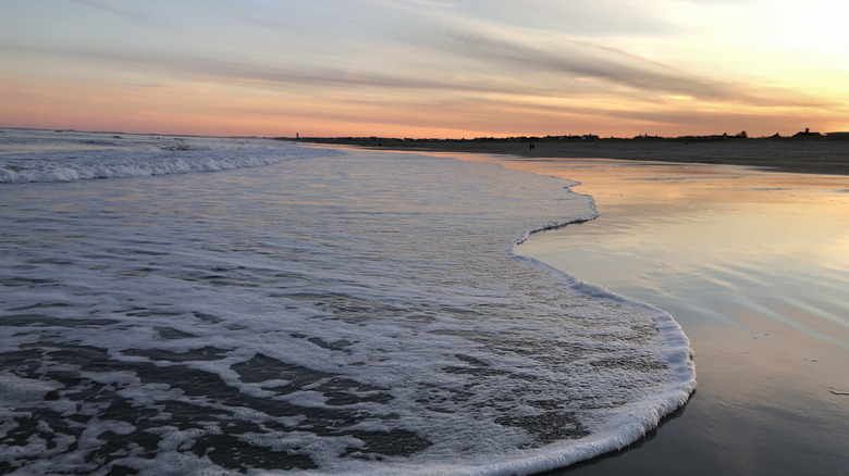 Waves lapping on beach at sunset