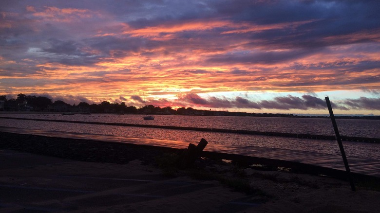 Sunset on water and boardwalk in Ocean Gate, New Jersey