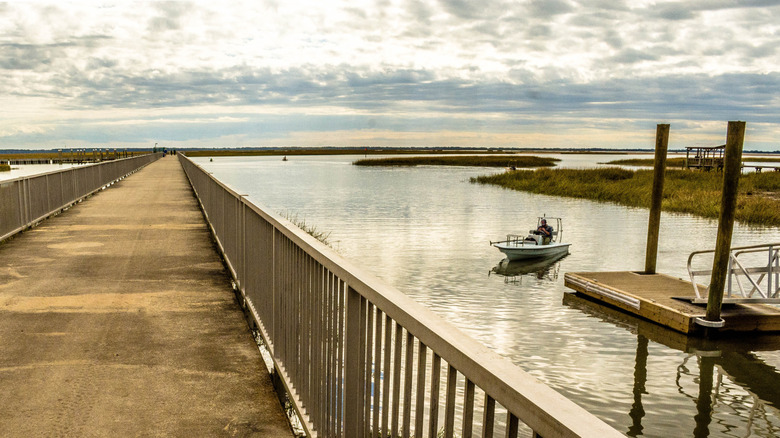 Salt marshes and a boardwalk at Cape Romain National Wildlife Refuge, Awendaw, South Carolina