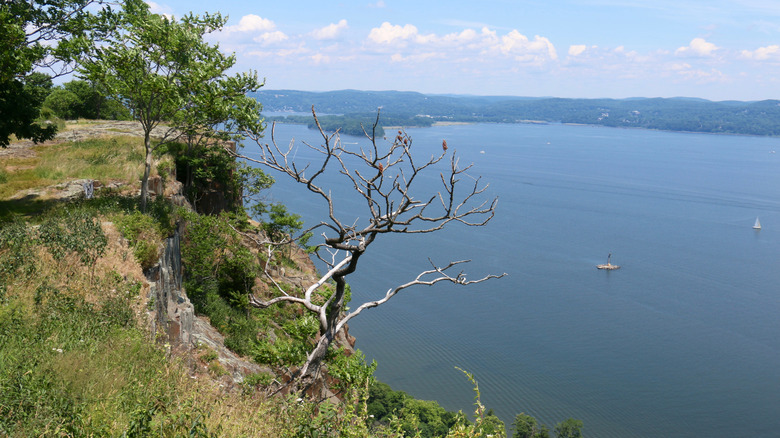 View of Hook Mountain and lake in summer.