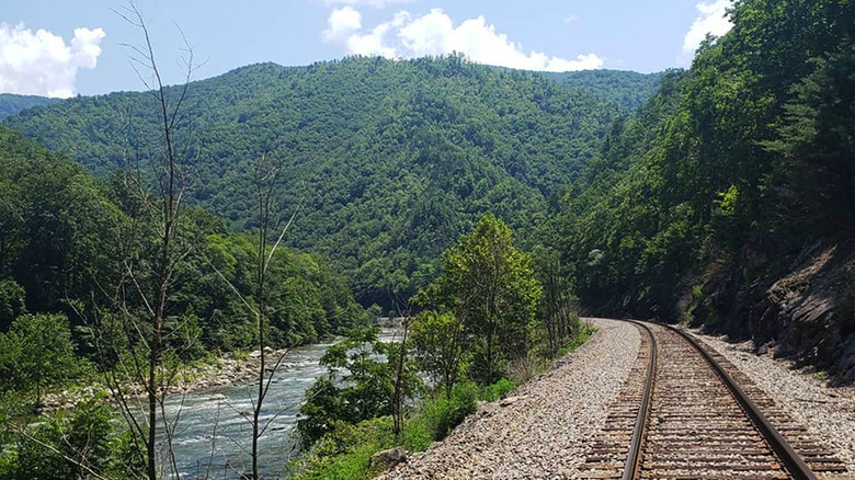 Railroad tracks running along a river in front of forested hills