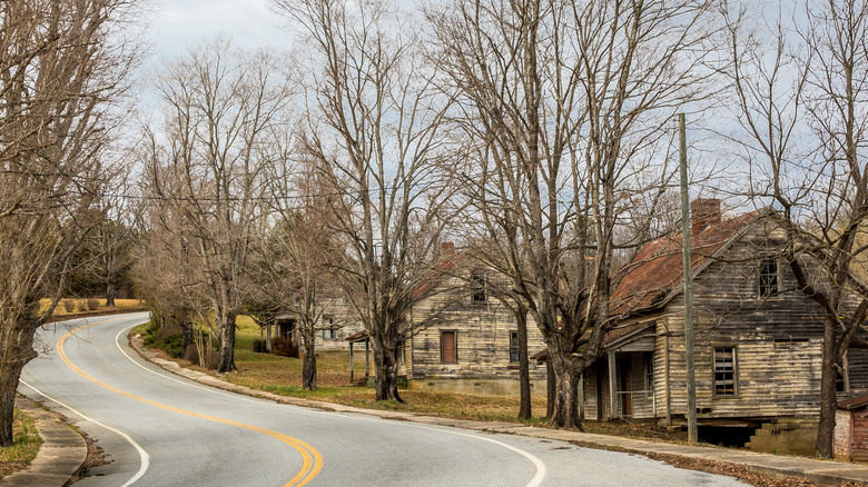 A paved road winds past abandoned timber homes in the mill village of Henry River.