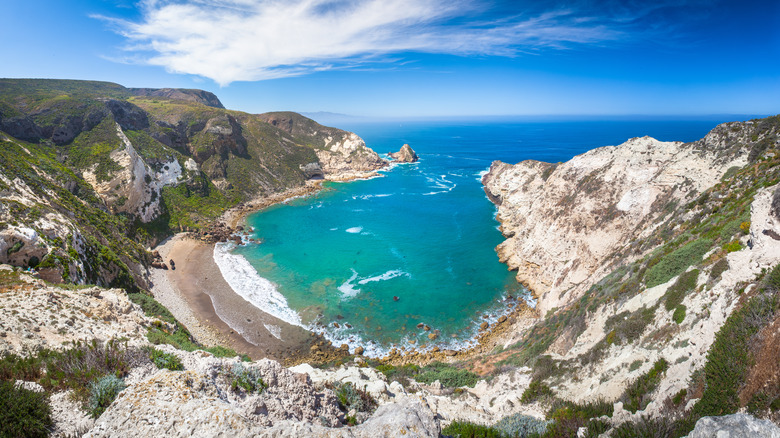 A beautiful aerial view of a remote harbor on Santa Cruz Island