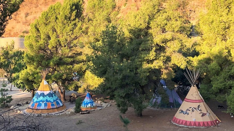 Four painted teepees beneath evergreens at Ventura Ranch KOA, near Santa Paula.