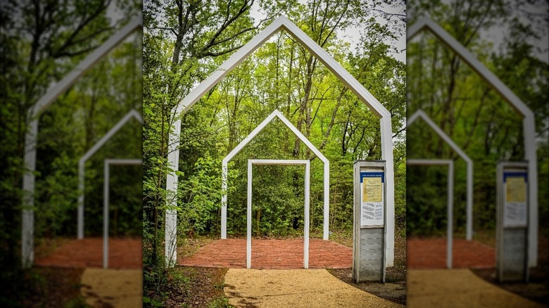 White beams forming the outline of a reading room at the Historic Polegreen Church Foundation, Virginia