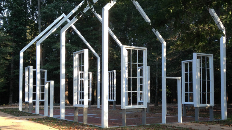 The white beams of the Polegreen Church monument in Mechanicsville, Virginia