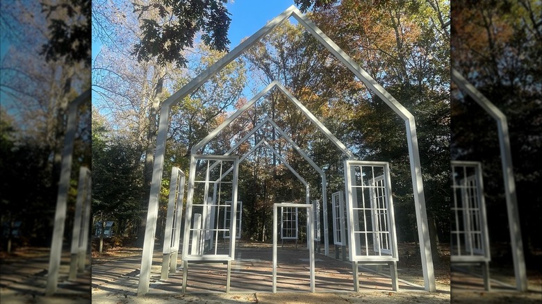 The white beams of the Polegreen Church monument in Mechanicsville, Virginia