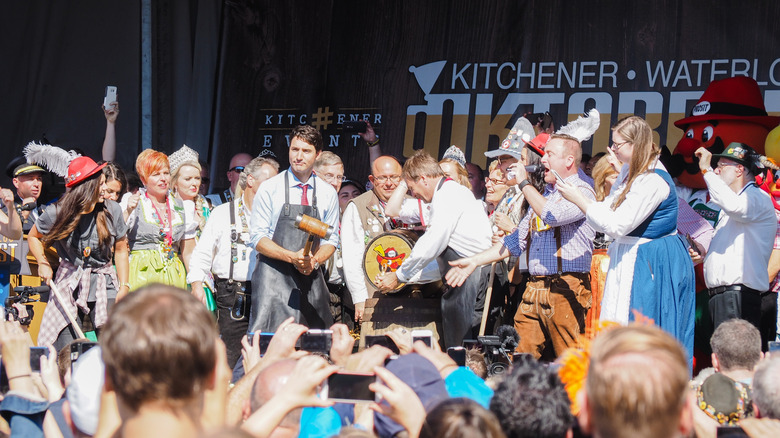 Justin Trudeau and Kitchener locals dressed in German clothing at Kitchener Oktoberfest