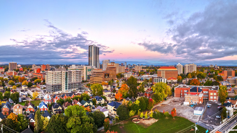 The skyline of Kitchener, Ontario during sunset