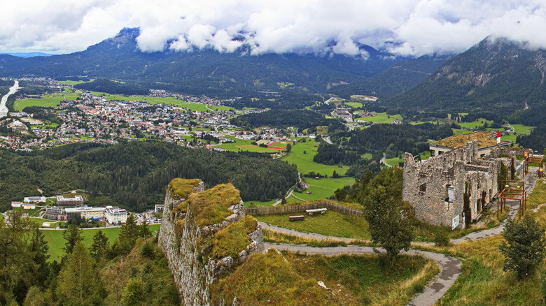 The city of Reutte can be seen the valley below from the heights of Ehrenberg Castle World