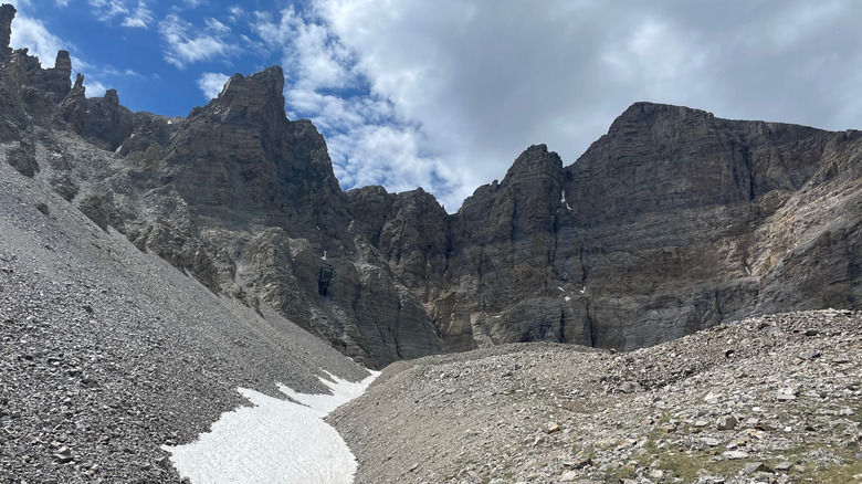 Snow covers part of Wheeler Peak Glacier on a sunny day at Great Basin National Park, Nevada