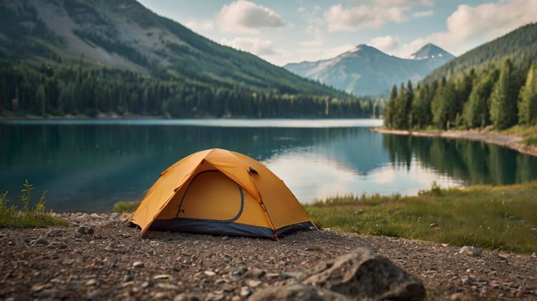 Yellow tent sits on shore of lake