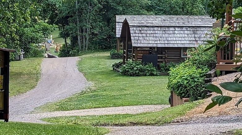 Cabins camping along a path in a wooded area.