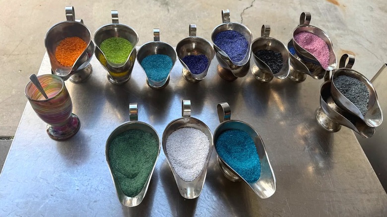 Colored glass frit that adds pigment to the glass during the process at Hollywood Hot Glass