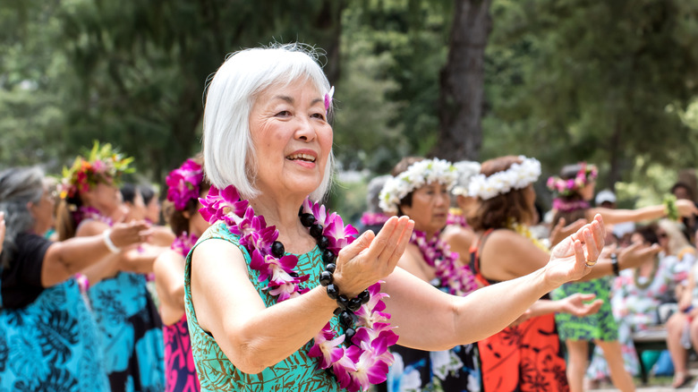 Senior hula dancer on Lei Day in Honolulu