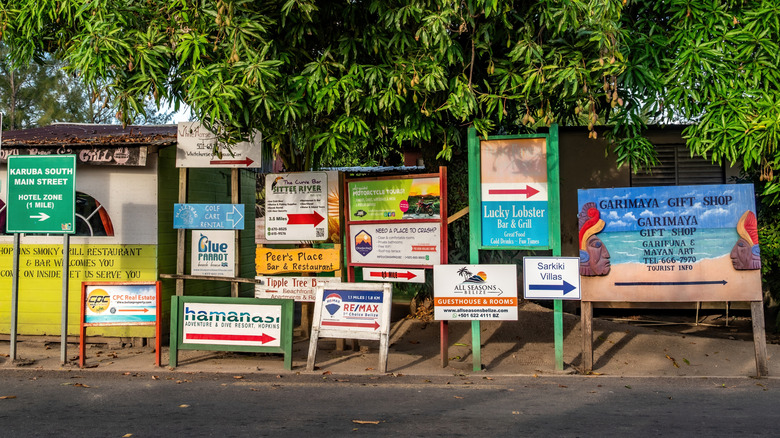 Rows of signs in Hopkins, Belize