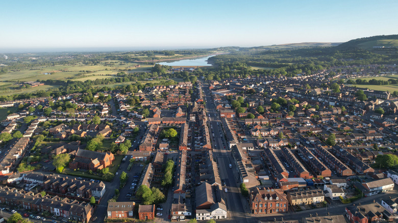 an aerial view of the red-brick buildings of Horwich