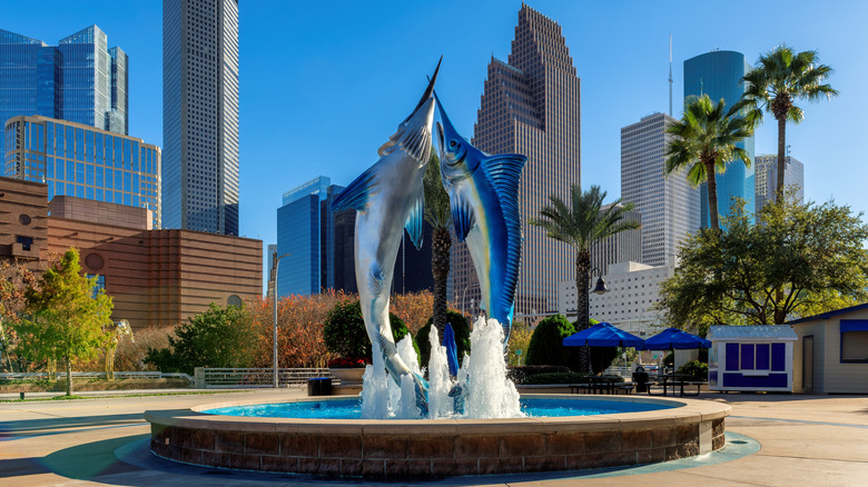 Marlins fountain outside Houston's Downtown Aquarium
