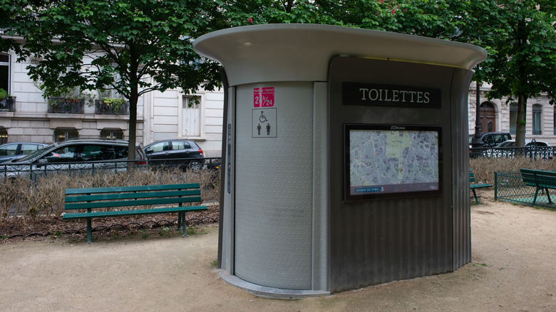 Exterior of a self-cleaning public toilet in Europe