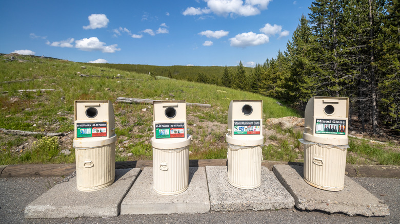 Sorted trash and recycling bins at Yellowstone National Park