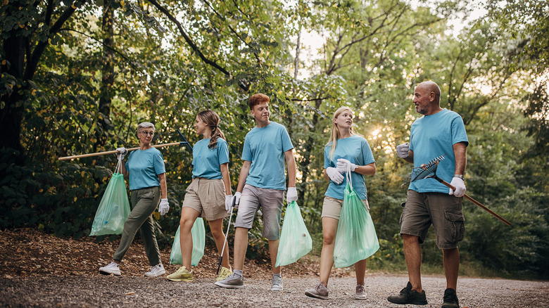 Volunteers collect garbage in a national park