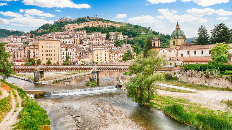Scenic aerial view of the Old Town with the Crathis River and historic buildings in Cosenza, Calabria, Italy