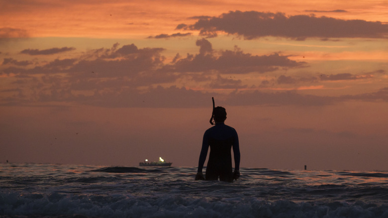 A snorkeler wades in the Pacific Ocean to watch the sunset off the coast of La Jolla Shores Beach in San Diego, California.