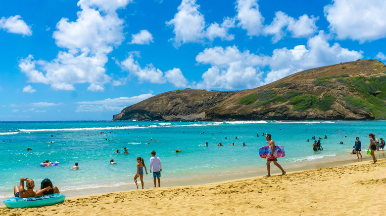 Beachgoers at Hanauma Bay in Oahu, Hawaii, enjoying snorkeling and the sandy beach.