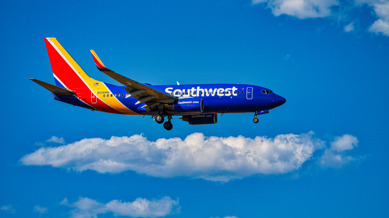 A Southwest Airlines plane mid-flight