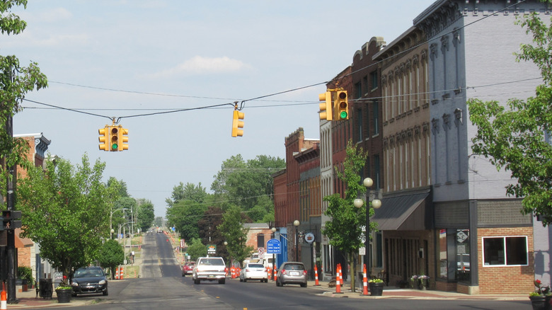 Hudson, Michigan's main street, showing historic buildings, trees, and cars