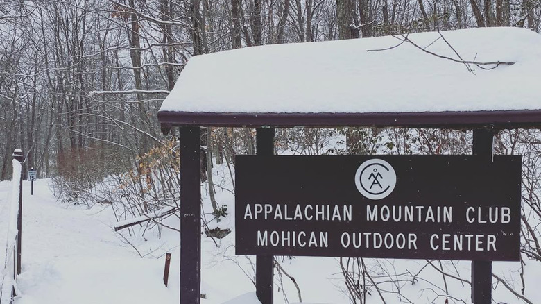 A snowy hiking trail at AMC's Mohican Outdoor Center