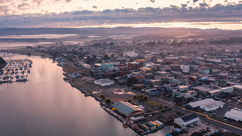 Drone shot of Eureka and Humboldt Bay, California