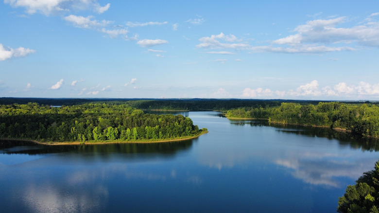 An aerial view of Hyco Lake in the Piedmont region of North Carolina