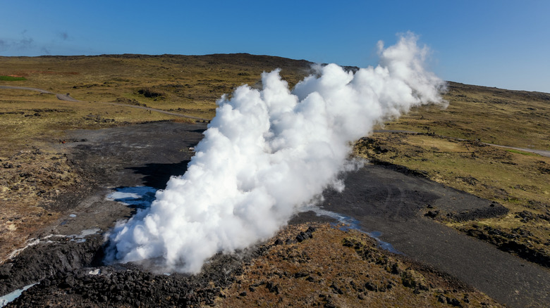 Gunnuhver Hot Springs in Iceland showing steam and the country's largest mud pool