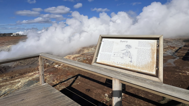 Sign with the story about Gunna the ghost at Gunnuhver Hot Springs in Iceland
