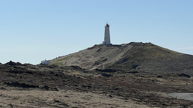 Reykjanes lighthouse, as seen from Gunnuhver Hot Springs in Iceland