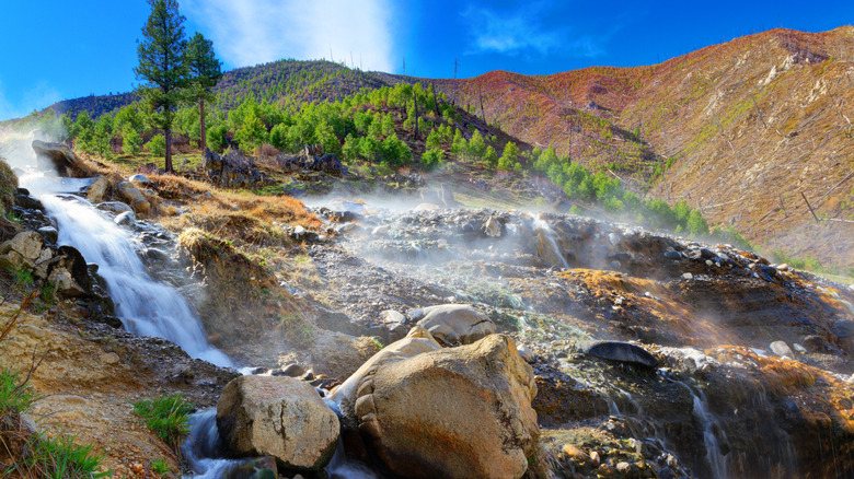 The steaming water of Kirkham Hot Springs in Lowman, Idaho