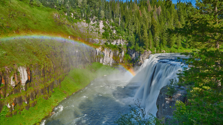 side view of a waterfall surrounded by cliffs, evergreens, and a rainbow