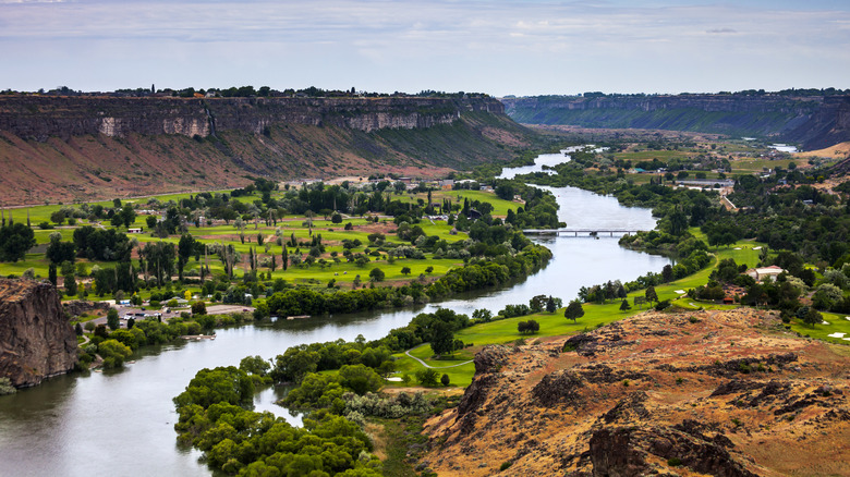 Aerial view of Twin Falls Idaho with Snake River and canyon visible.