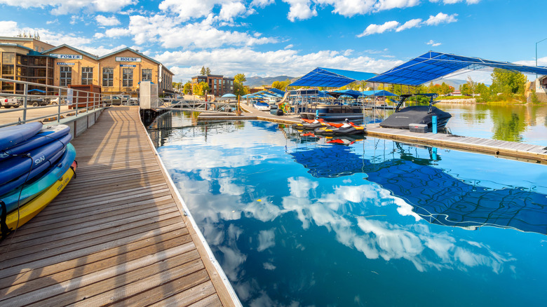 Boats and boardwalk at Sandpoint Marina in Sandpoint, Idaho