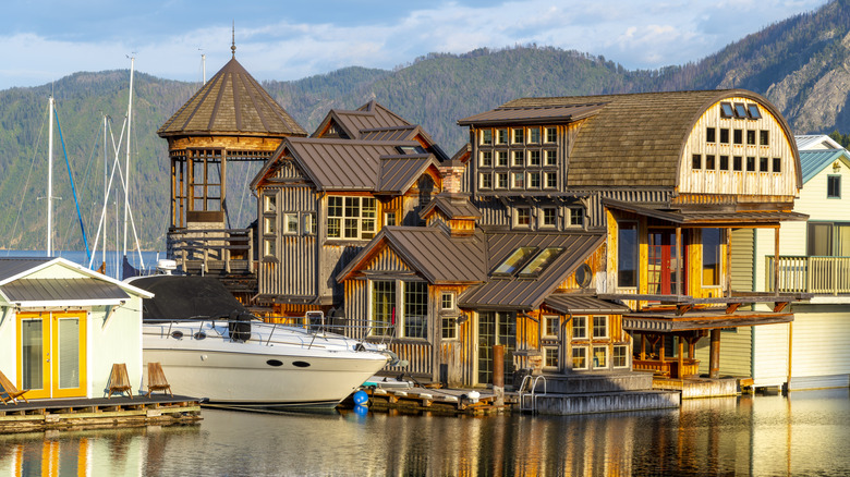 Boathouse and float homes near marina on Lake Pend Oreille