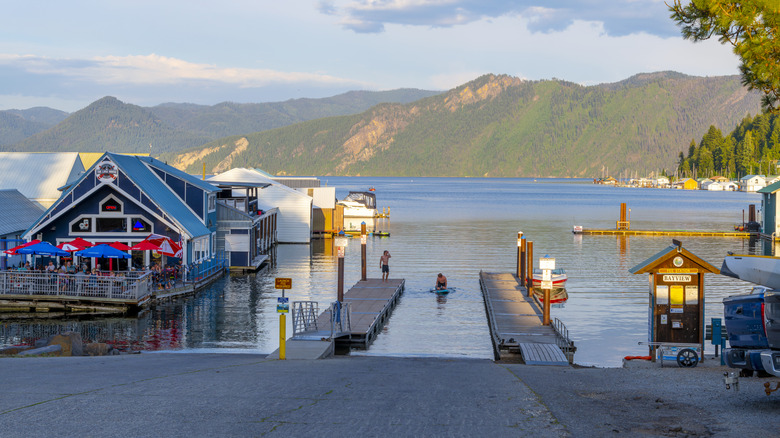 wood piers on Lake Pend Oreille with mountains in the background