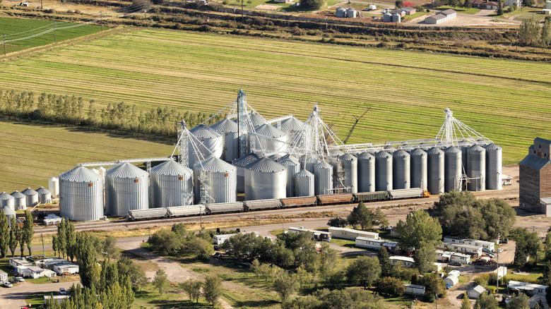 A shot of the grain elevators at Ririe, Idaho, from above